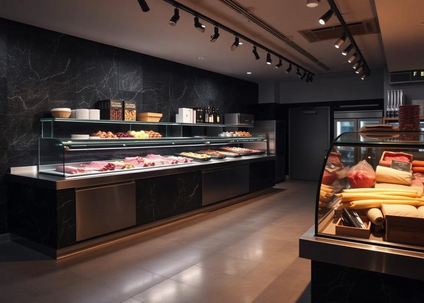 Completed retail interior with refrigerated serve over counters